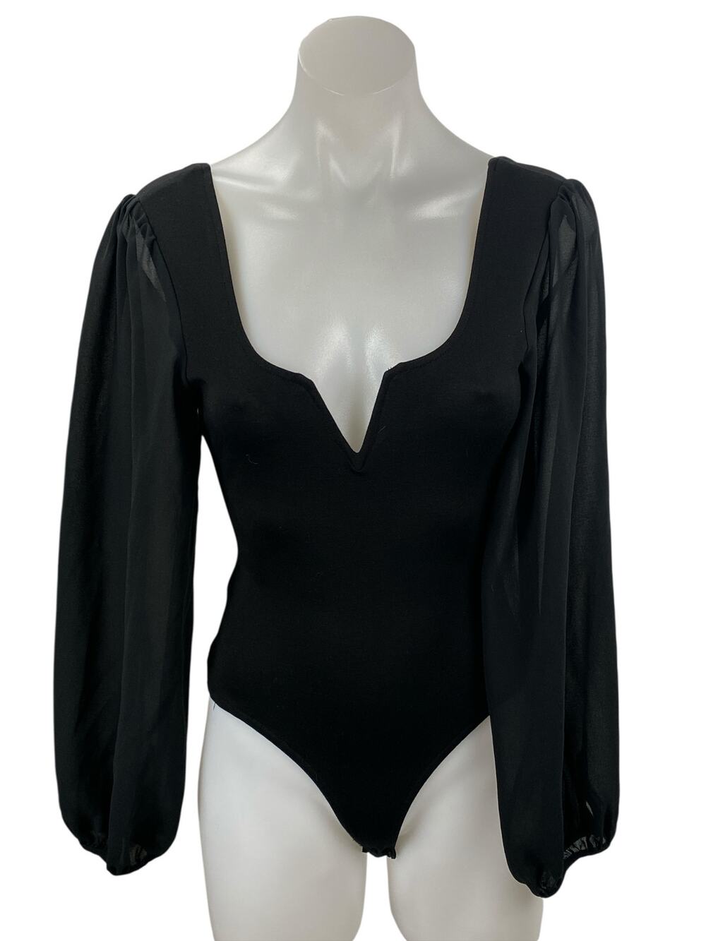 Lulus Women's Black Long Sleeve Mesh Notch V Neck Open Back Bodysuit Top Size XS